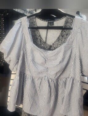 OLD NAVY Blue and White Striped Peplum Puff-Sleeve Top
